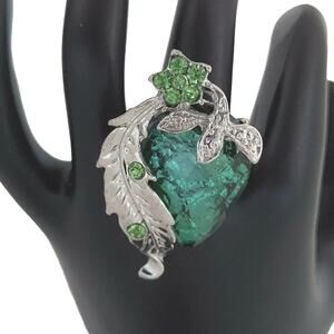 Large Green Strawberry Leaf Cocktail Ring Rhinestone Silver Tone Adjustable 7.5